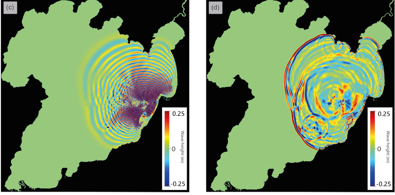 Multilayer model of the wave field generated by a volcanic eruption under lake Taupo, New Zealand. Left: dispersive, right: non-dispersive. From Hayward et al, 2022.