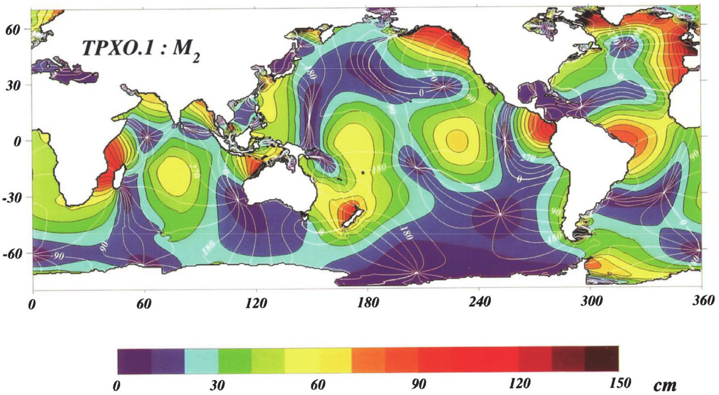 M2 component obtained by Egbert et al, 1994, plate 3, using a global inverse model and the Topex/Poseidon altimetric observations